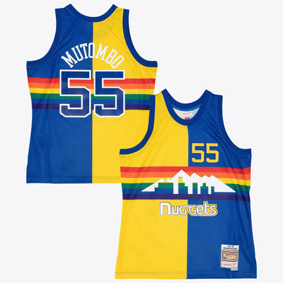 Denver Nuggets Mitchell & Ness Dikembe Mutombo 1991 Split Swingman Jersey - Blue/Yellow
