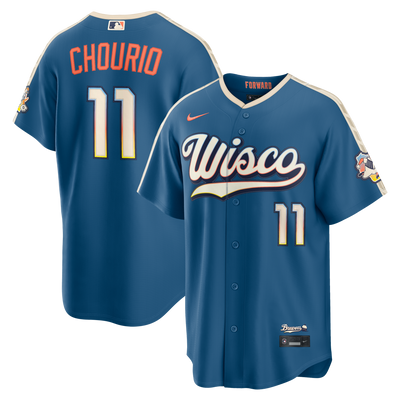Milwaukee Brewers Jackson Chourio Nike Mineral Blue 2026 City Connect Stadium Jersey