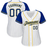 Custom White Royal Pinstripe Royal-Gold Authentic Raglan Sleeves Baseball Jersey