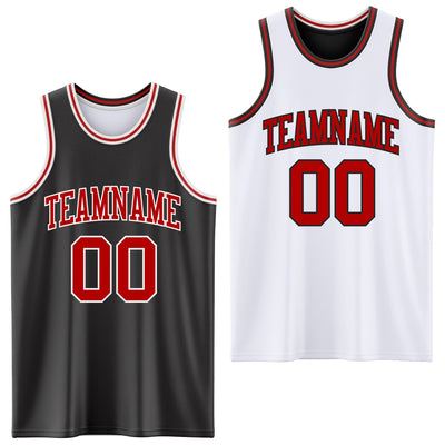 Custom Reversible Black Red-White Double Side Sublimation Basketball Set Jersey