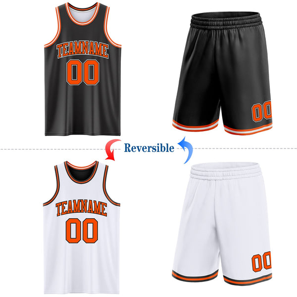 Custom Reversible Black Orange-White Double Side Sublimation Basketball Set Jersey