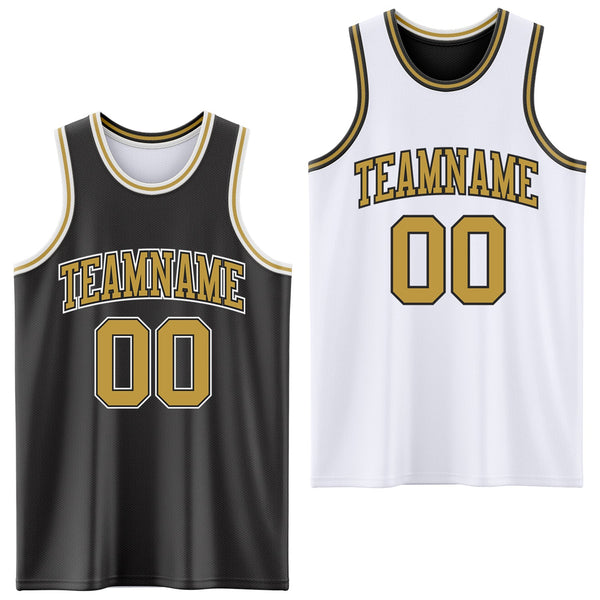 Custom Reversible Black Old Gold-White Double Side Sublimation Basketball Set Jersey