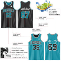 Custom Reversible Black Teal-White Double Side Sublimation Basketball Set Jersey