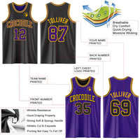 Custom Reversible Black Purple-Gold Double Side Sublimation Basketball Set Jersey