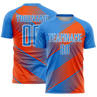 Custom Powder Blue Orange-White Line Sublimation Soccer Uniform Jersey