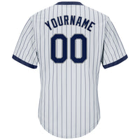 Custom White Navy Pinstripe Navy-Gray Authentic Throwback Rib-Knit Baseball Jersey Shirt