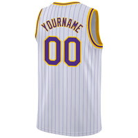 Custom White Purple Pinstripe Purple-Gold Authentic Basketball Jersey